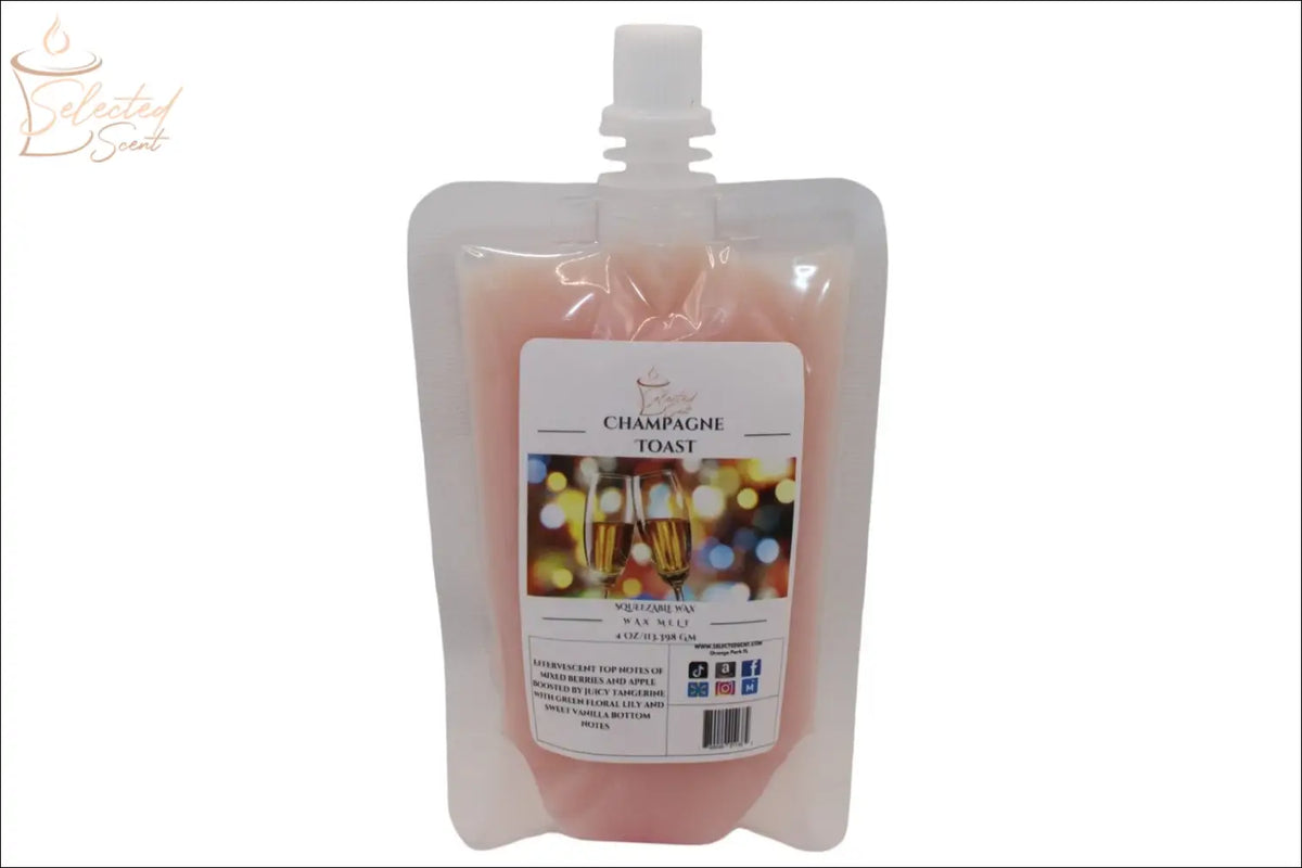 Selected Scent Champagne Toast squeezable wax melts for home in a soft pink pouch with twist cap
