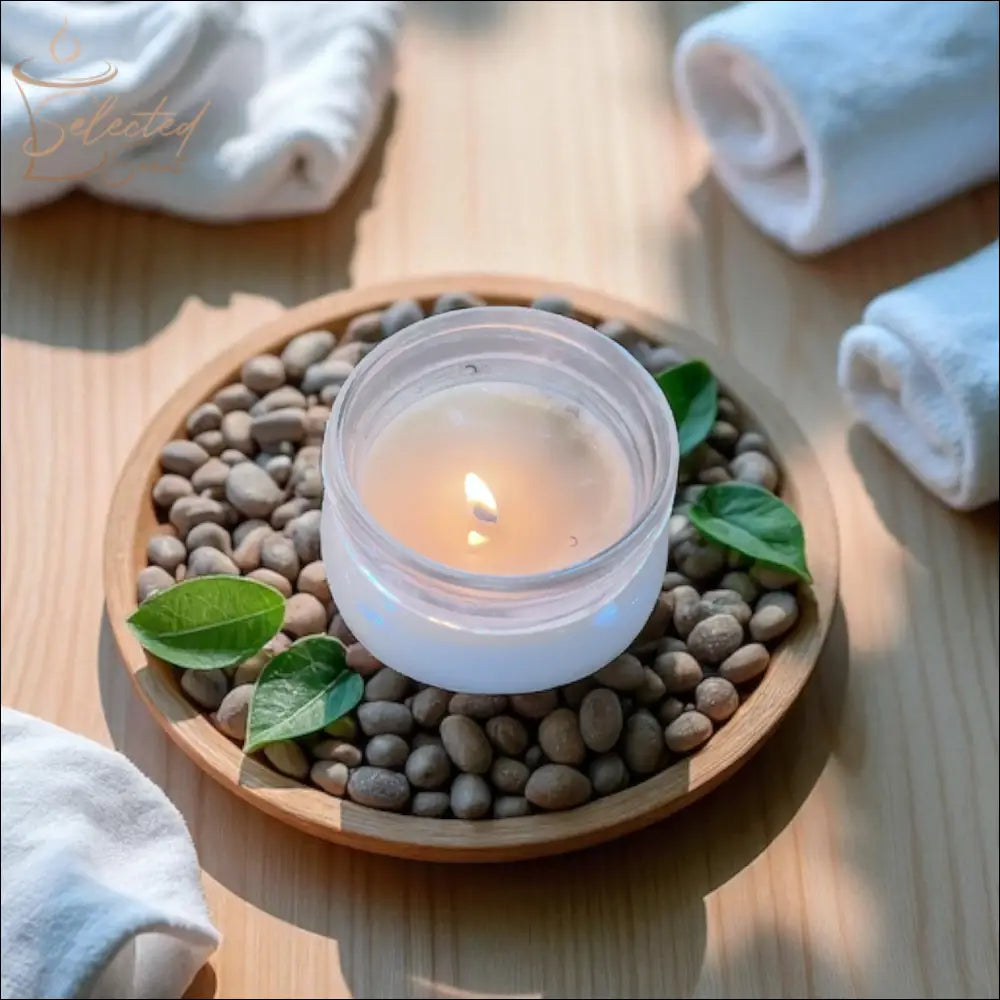 Selected Scent candle with mango butter in glass jar surrounded by stones and green leaves on wooden tray