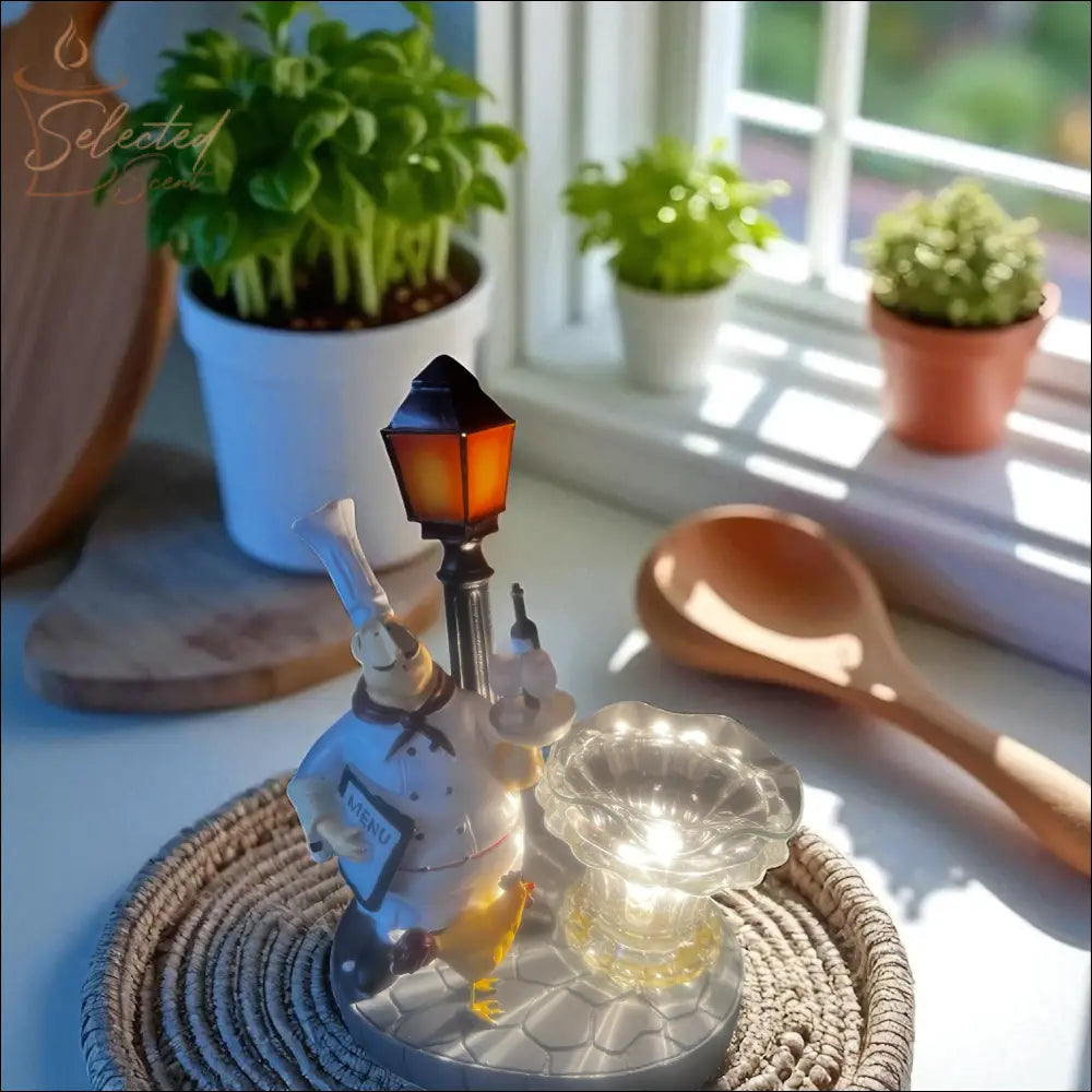 Selected Scent Electric Decorative Warmer featuring a chef and street lamp design on a woven placemat