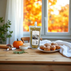 Selected Scent long lasting home fragrance pouch placed on a wooden table with autumn background