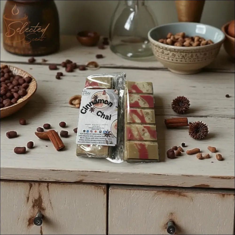 Selected Scent cinnamon chai scented home decor wax melts on rustic wooden table with spices
