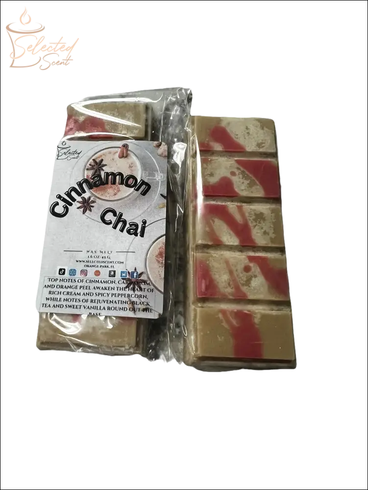 Selected Scent cinnamon chai scented home decor wax melts with red and beige swirls in clear packaging