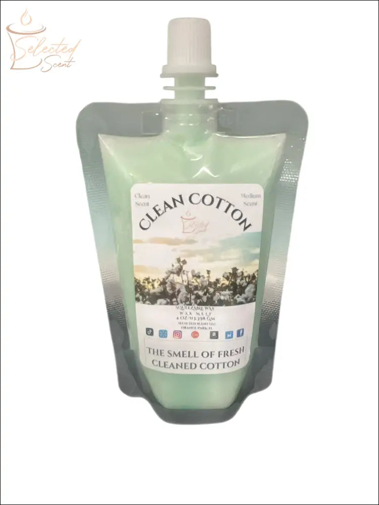 Selected Scent Clean Cotton fresh laundry scented wax melt in resealable pouch with cotton field design