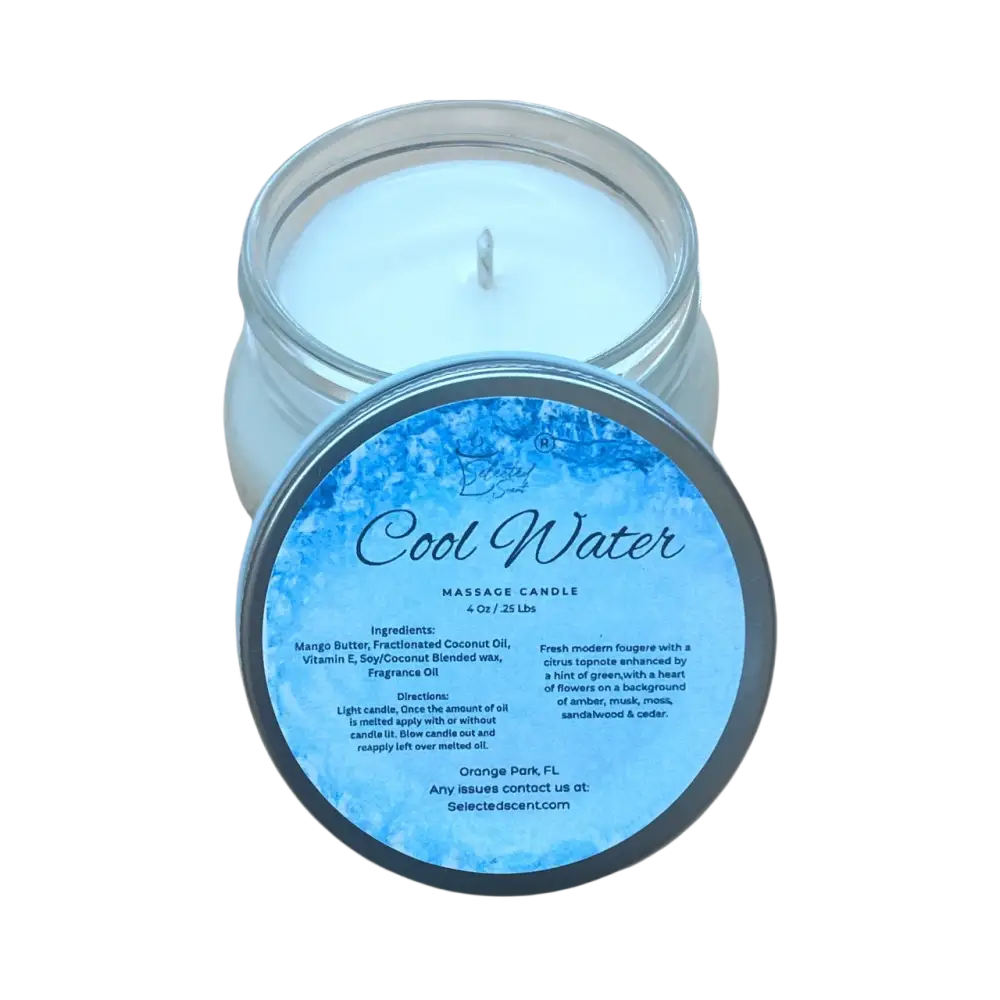 Cool water massage candle 4oz. With mango butter and vitamin e