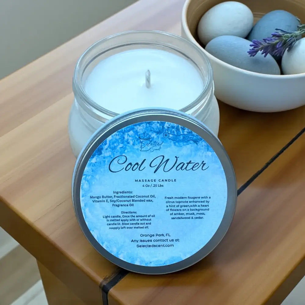 Cool water massage candle 4oz. With mango butter and vitamin e