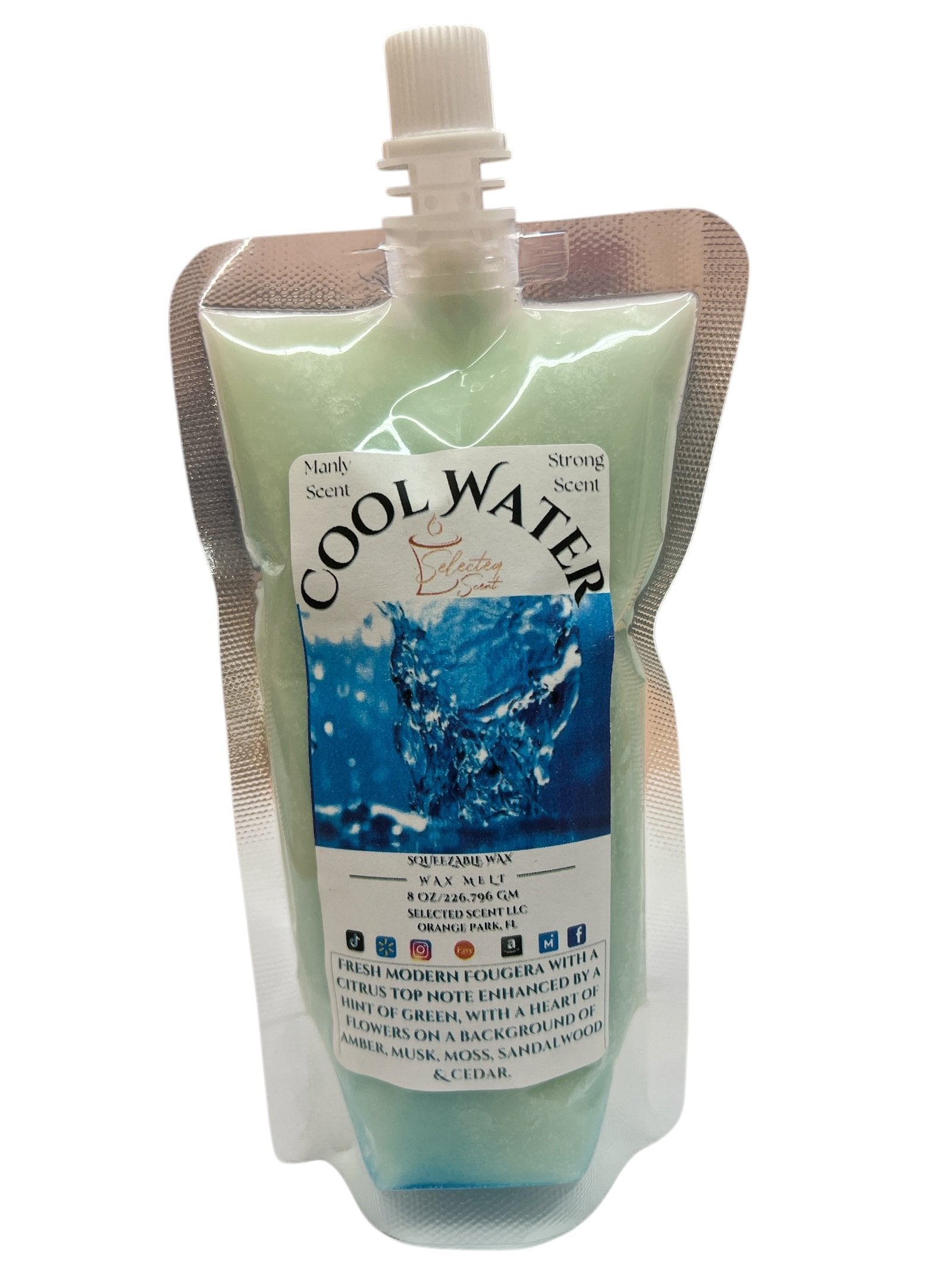 Selected Scent Cool Water squeezable wax melts for home in a green reusable pouch