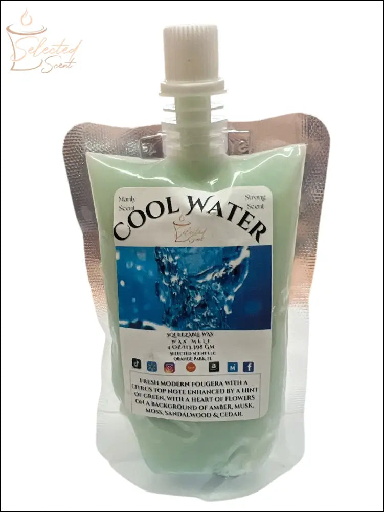 Selected Scent Cool Water squeezable wax melts for home in a green pouch with spout cap