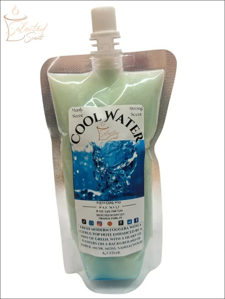 Selected Scent Cool Water squeezable wax melts for home in a green reusable pouch
