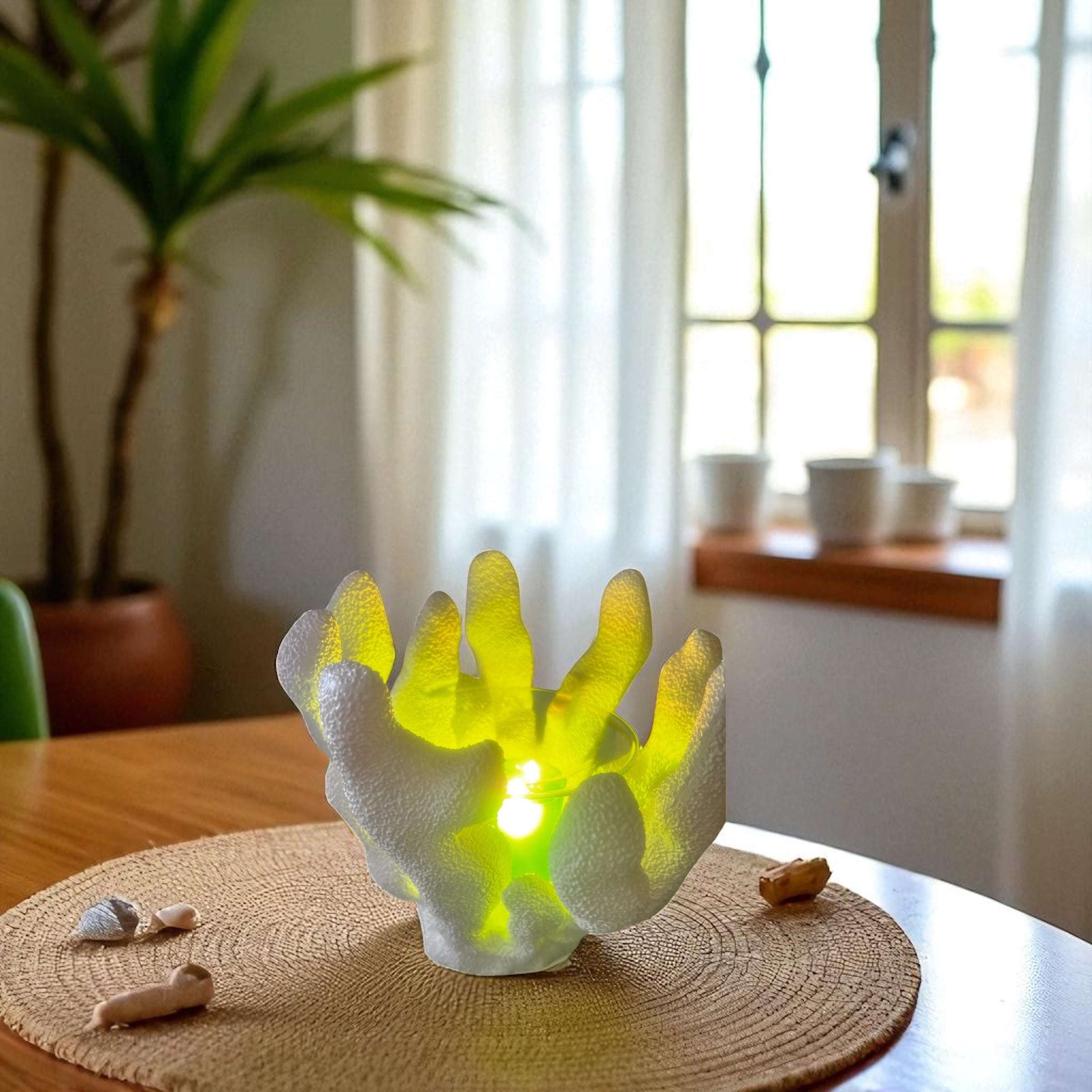 Selected Scent decorative light shaped like white coral glowing yellow for ocean themed for home decor