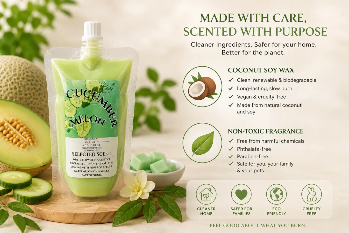 Cucumber melon squeezable wax melts – fresh fruity & long-lasting home fragrance by selected scent