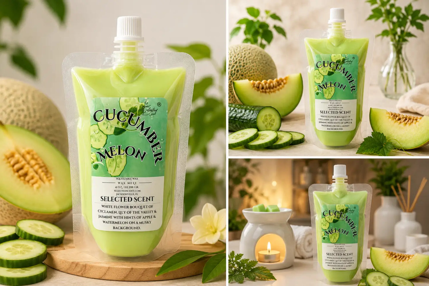 Cucumber melon squeezable wax melts – fresh fruity & long-lasting home fragrance by selected scent