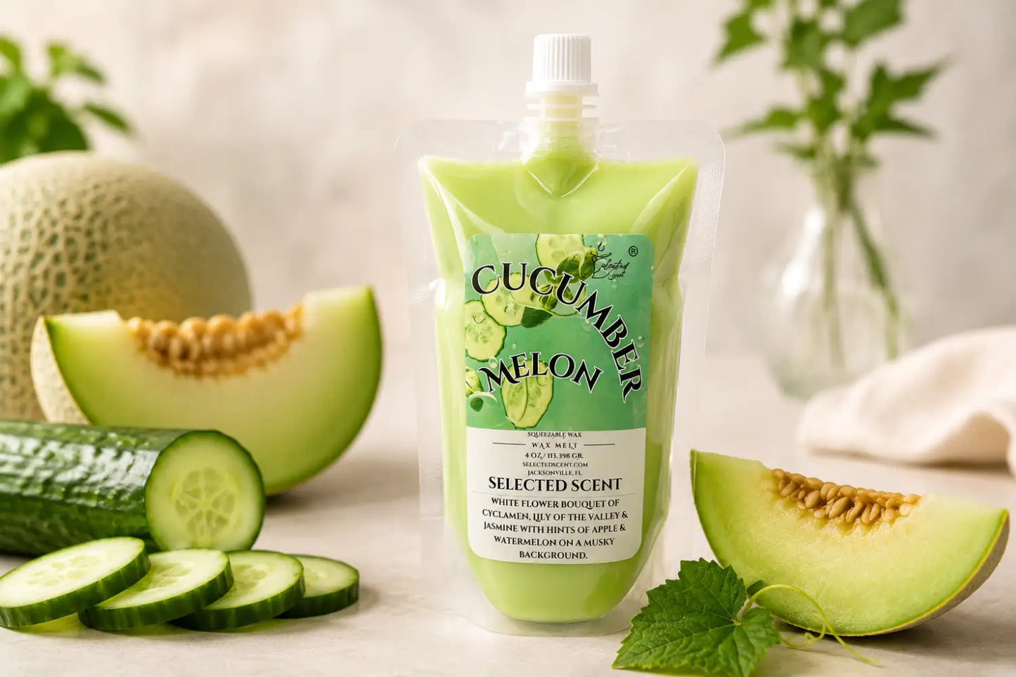 Cucumber melon squeezable wax melts – fresh fruity & long-lasting home fragrance by selected scent