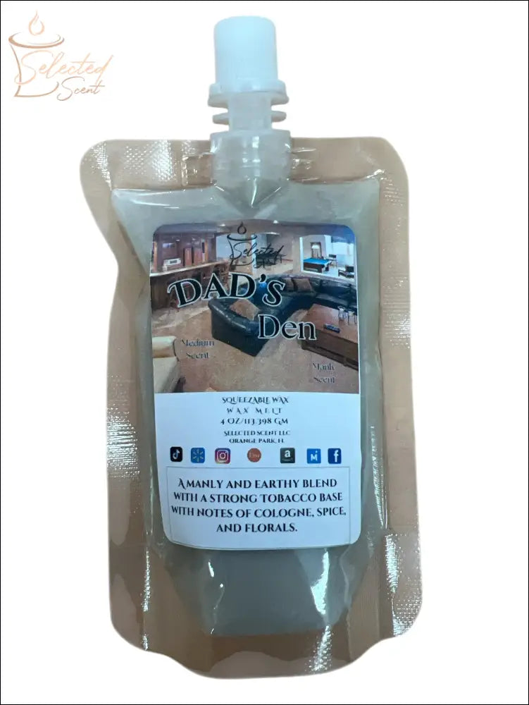 Selected Scent Dad's Den long lasting wax melts for home with a manly and earthy tobacco blend