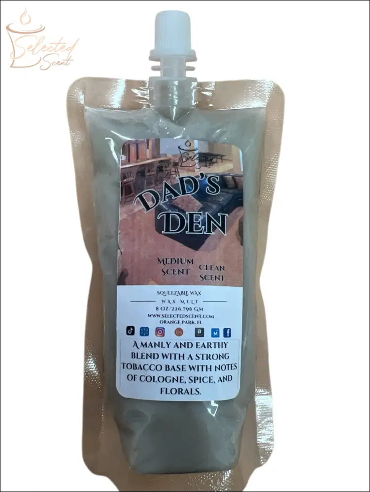 Selected Scent Dad's Den long lasting wax melts for home with tobacco cologne spice and floral notes