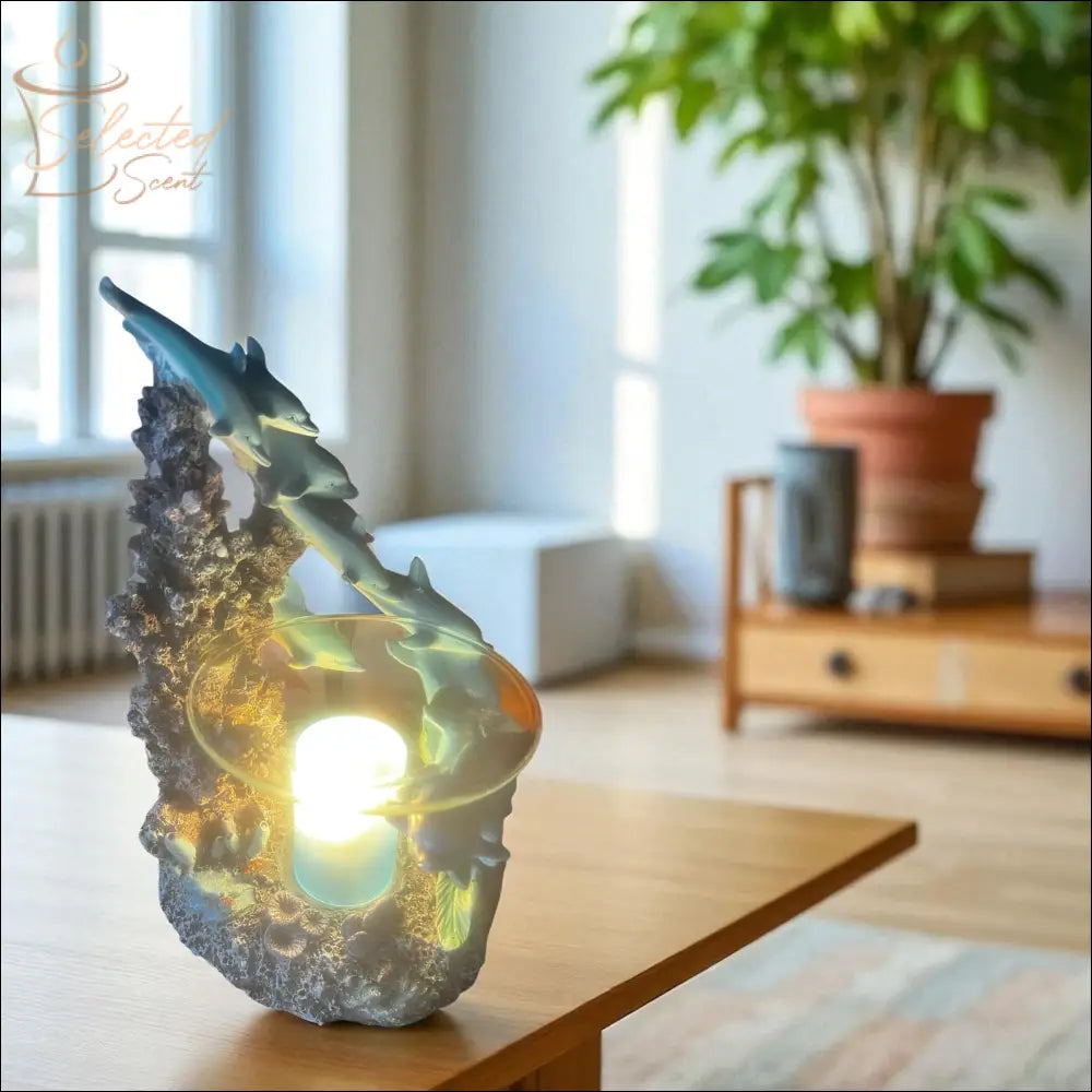 Selected Scent family dolphin aromatherapy burner with tealight holder on wooden table in cozy living room