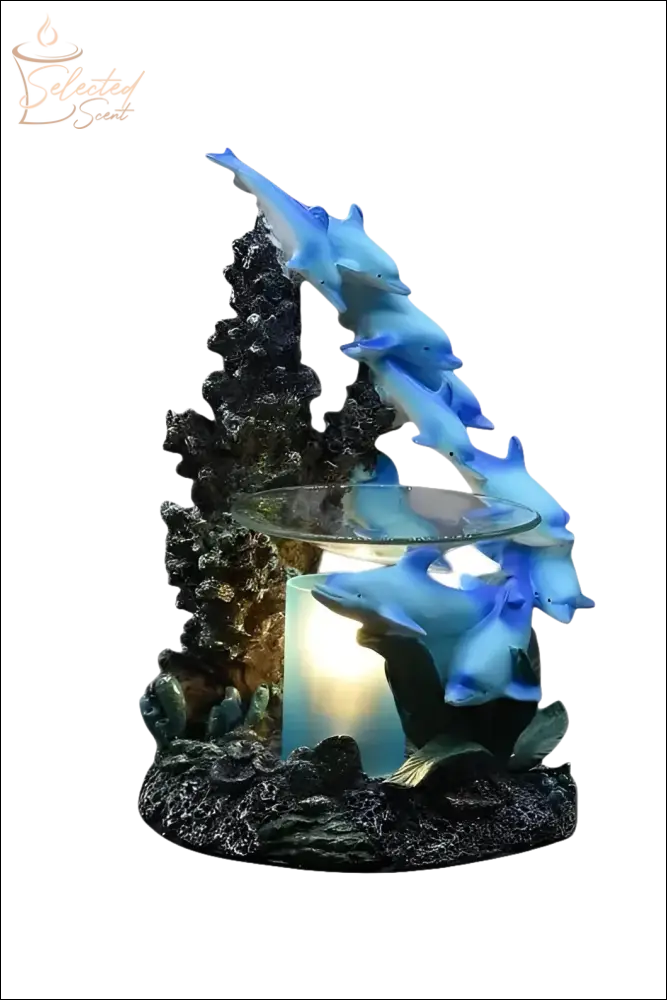 Selected Scent family dolphin aromatherapy burner with blue dolphins and candle holder