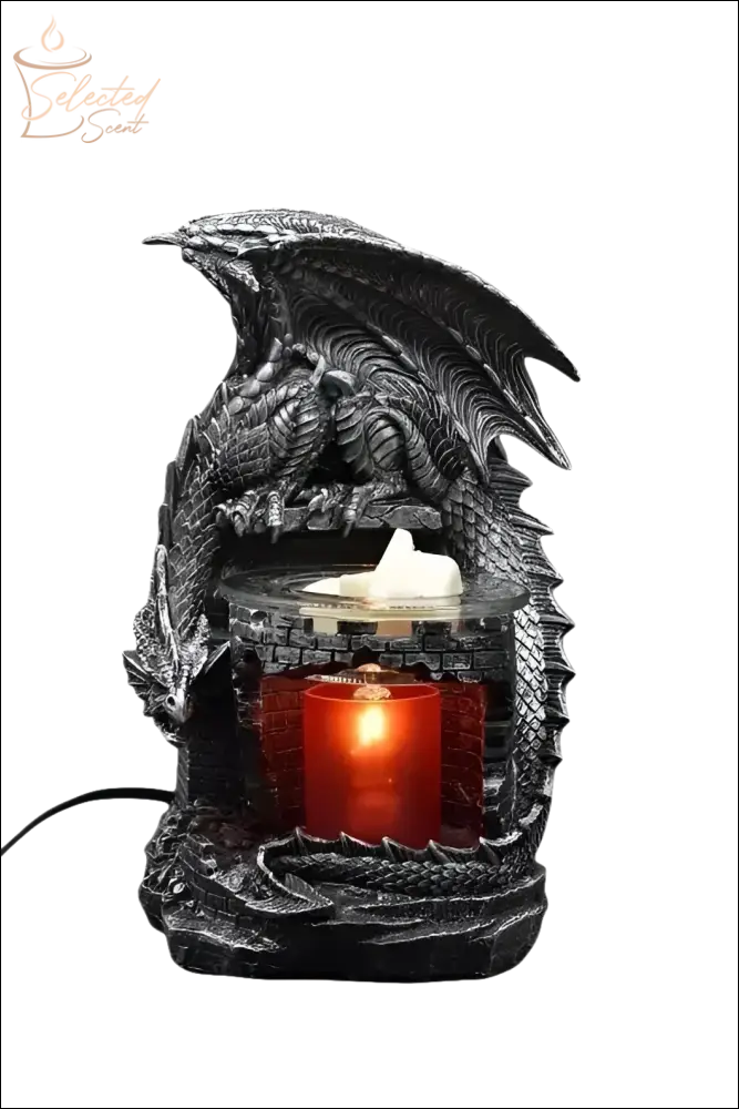 Selected Scent Electric Decorative Warmer featuring a detailed black dragon design with a lit candle inside