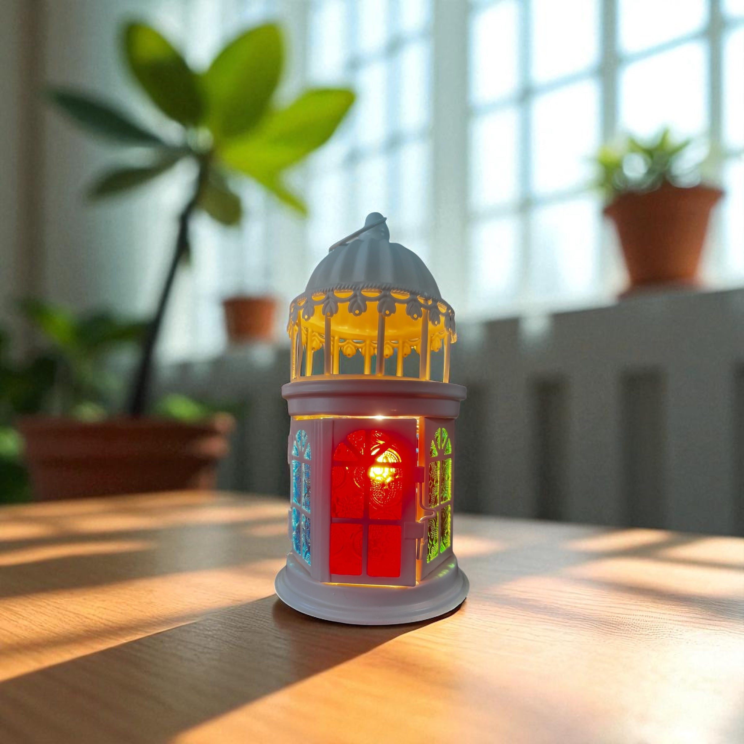 Selected Scent Electric Decorative Warmer with colorful glowing windows on wooden table