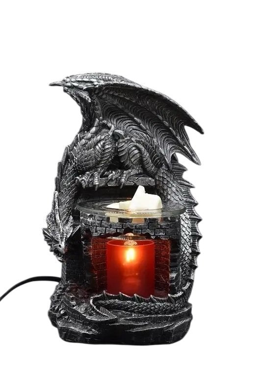 Selected Scent Electric Decorative Warmer featuring a detailed black dragon design with a lit candle inside