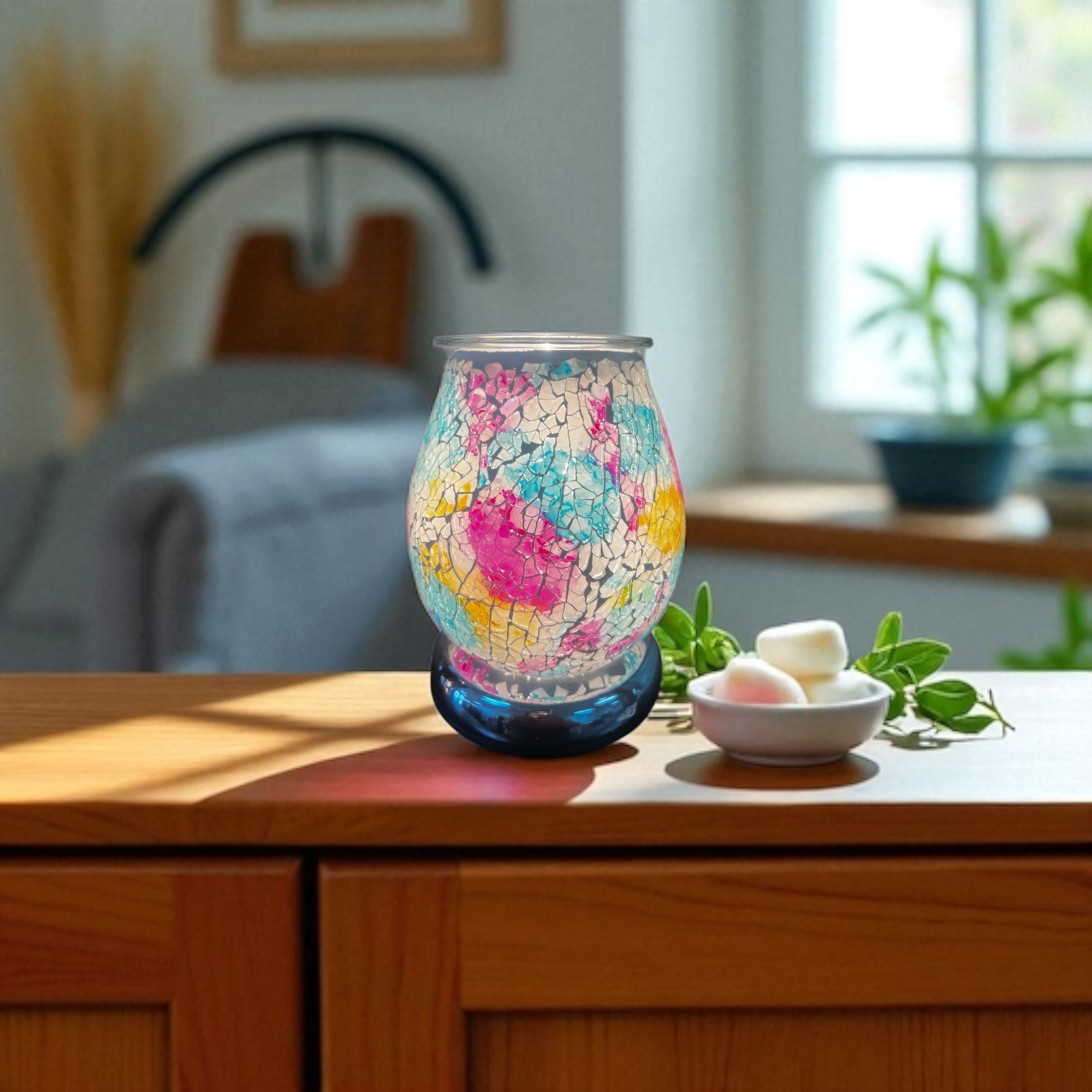 Selected Scent Electric Decorative Warmer with vibrant cracked glass design on wooden table