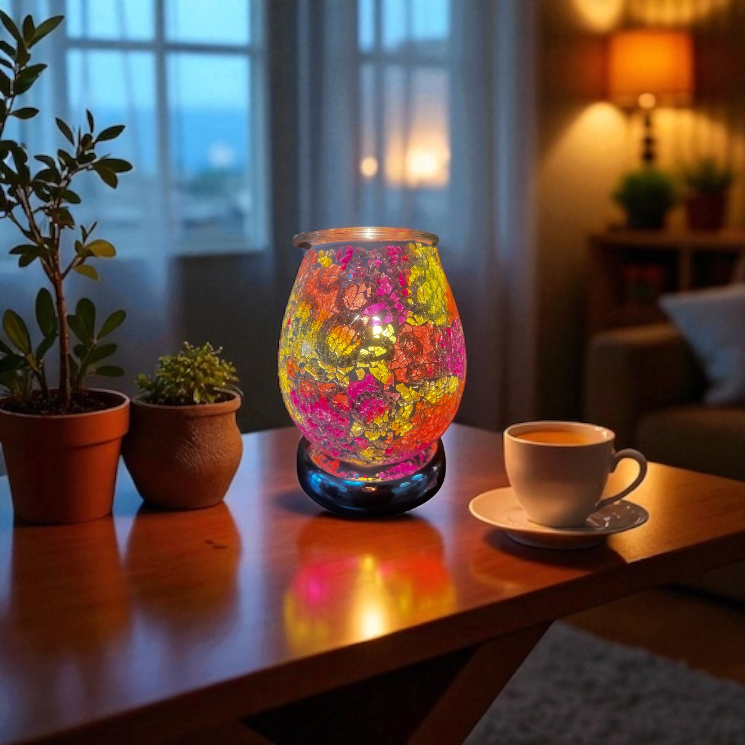 Selected Scent Electric Decorative Warmer glowing with colorful floral design on wooden table beside coffee cup and plants