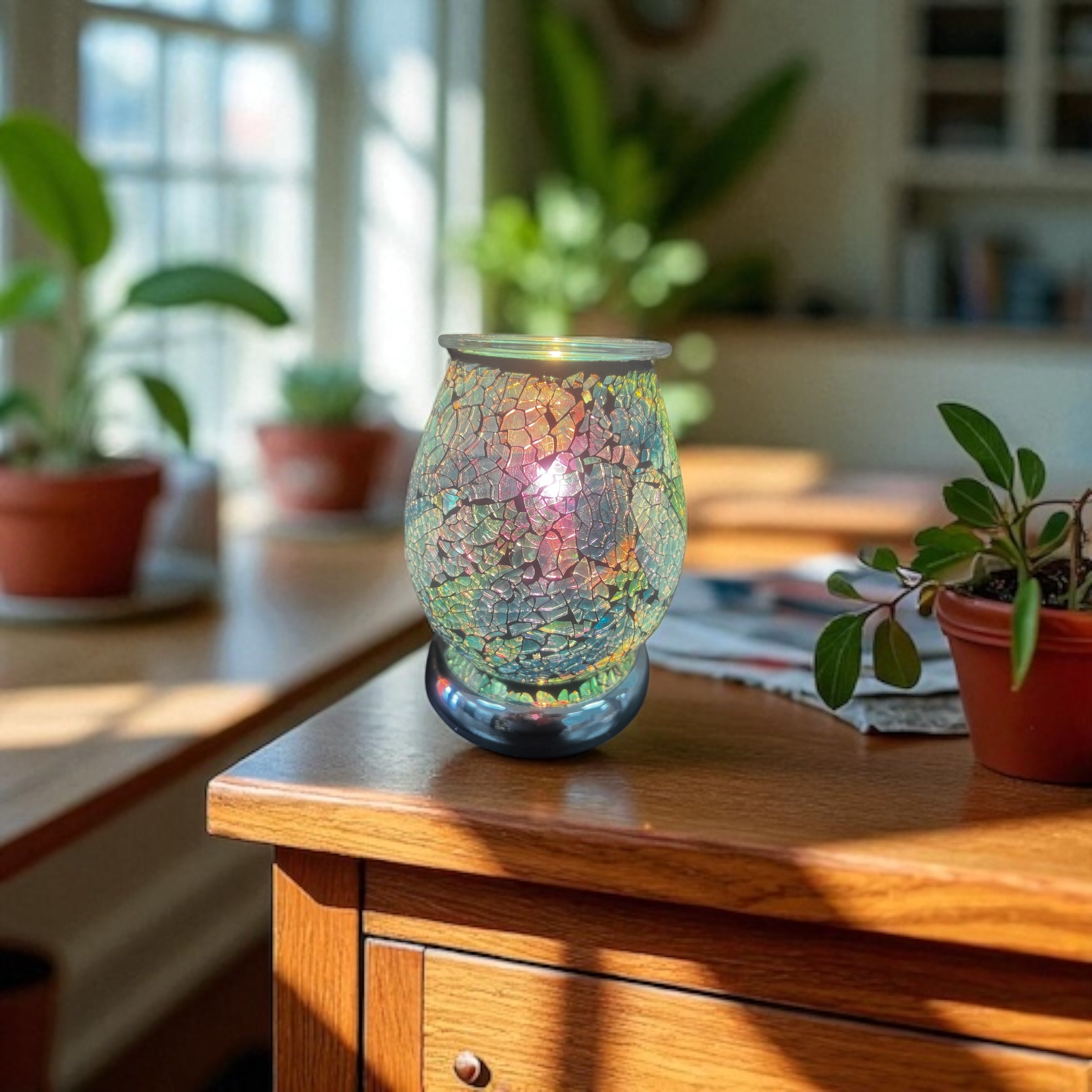 Selected Scent Electric Decorative Warmer with cracked glass design on wooden table in cozy room