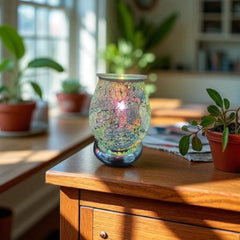 Selected Scent Electric Decorative Warmer with cracked glass design on wooden table in cozy room