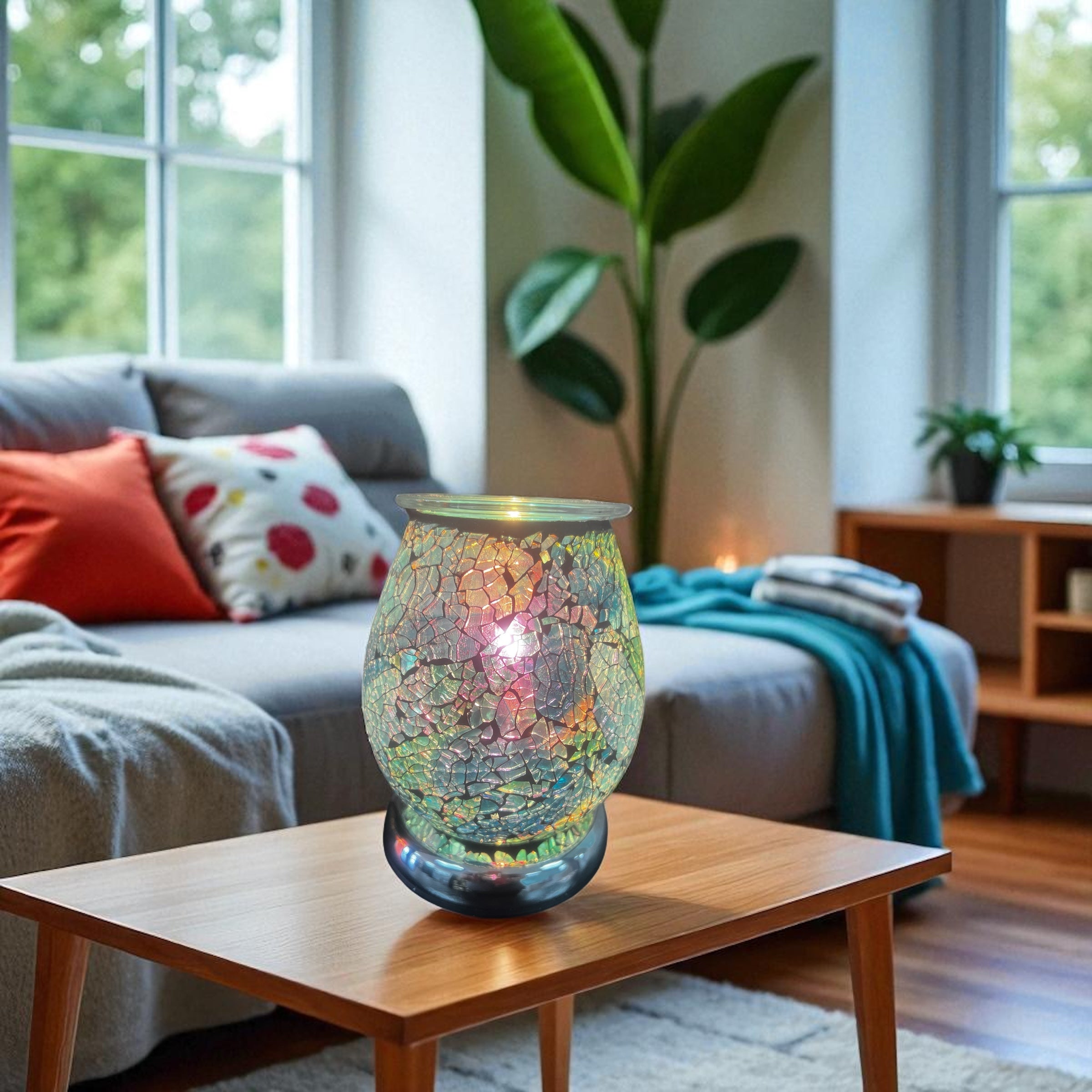 Selected Scent electric decorative warmer with cracked glass design on wooden table in living room