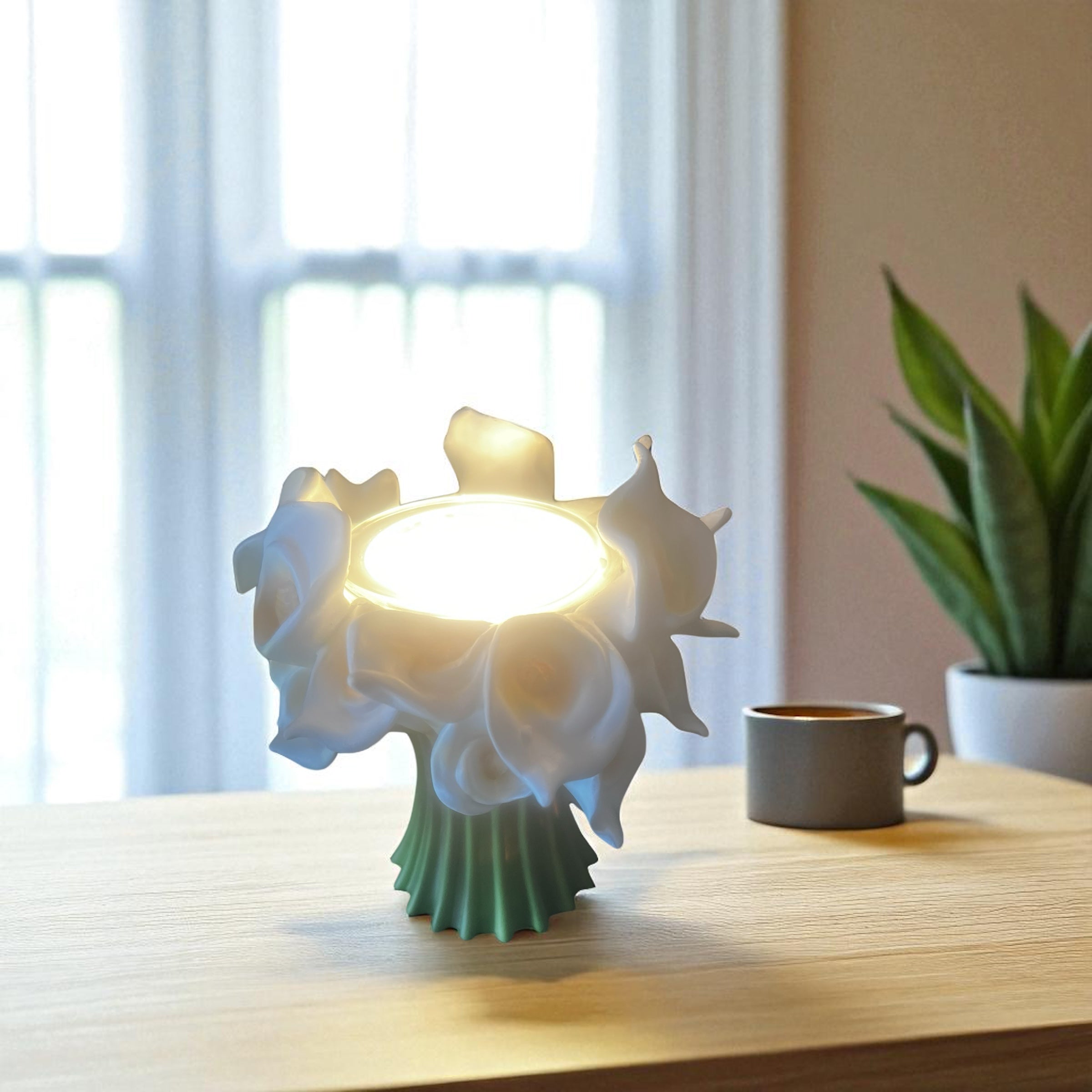 Selected Scent Electric Decorative Warmer shaped like white flowers with green base on wooden table