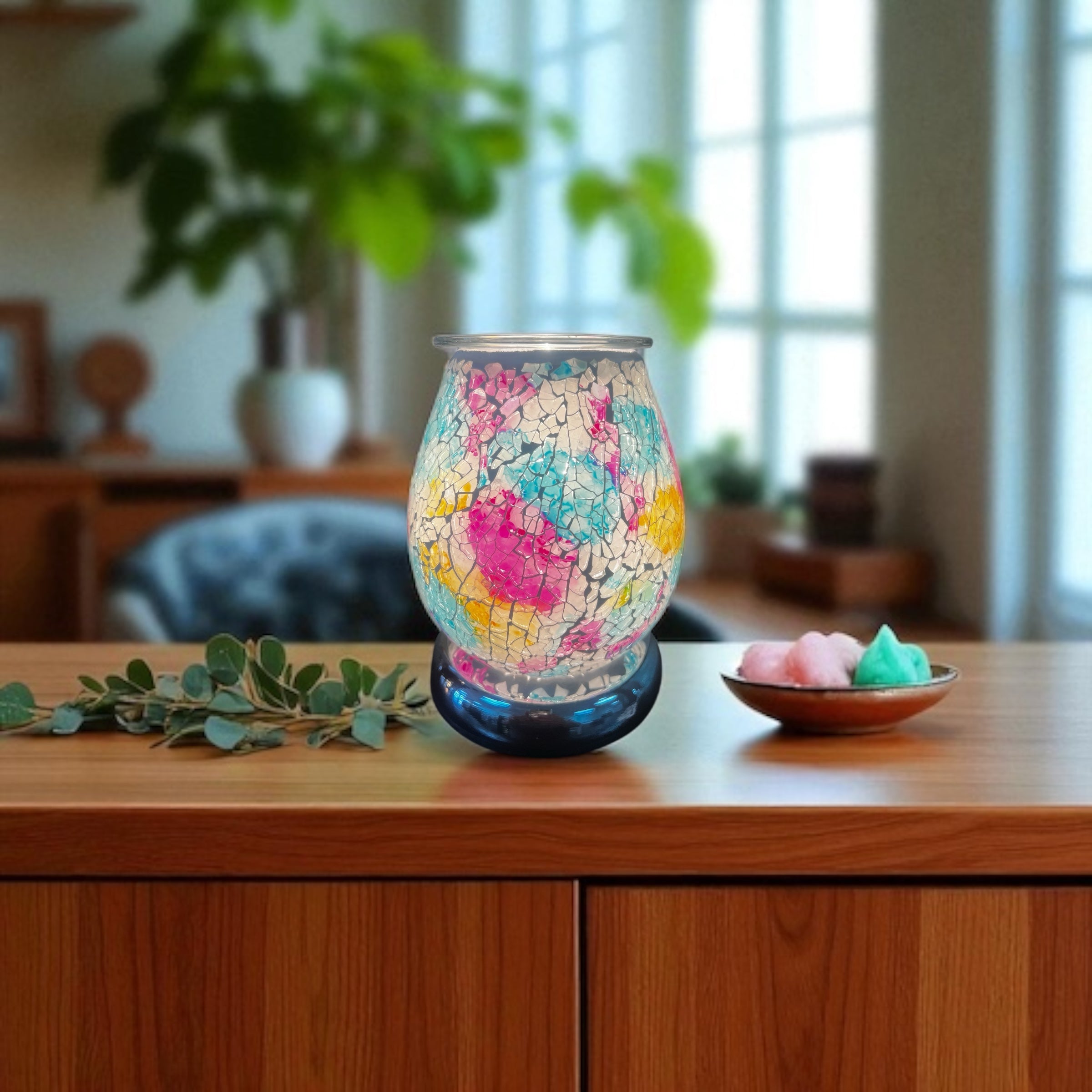 Selected Scent electric decorative warmer with colorful mosaic glass design on wooden surface