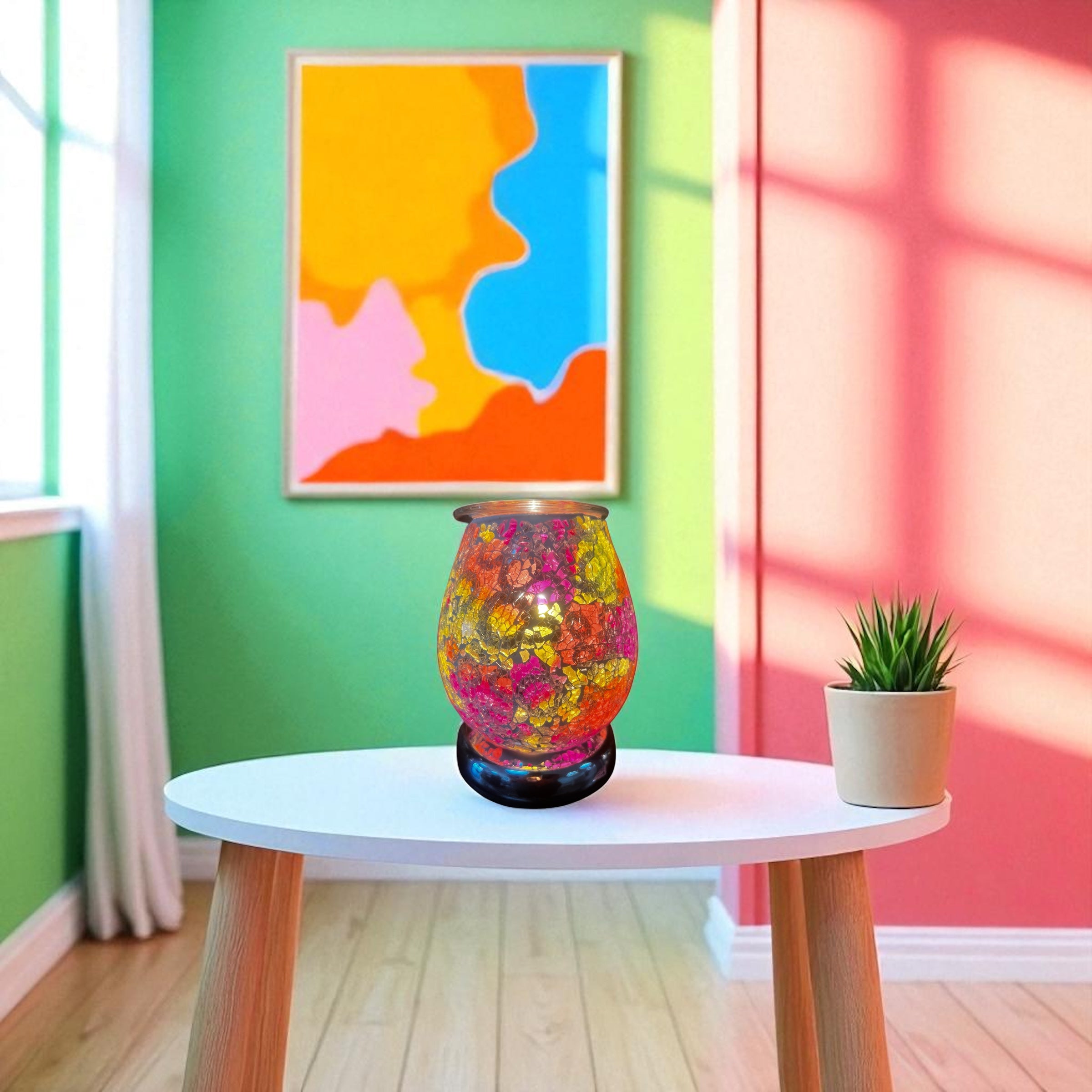 Selected Scent electric decorative warmer with colorful floral design on white table in bright room