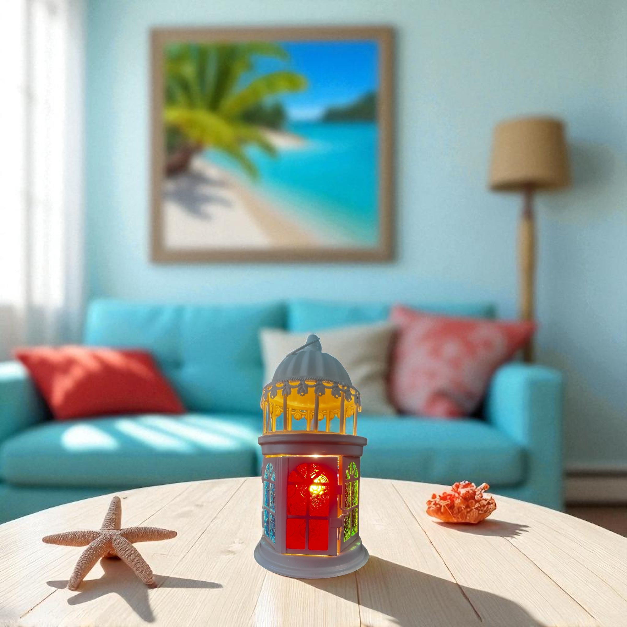 Selected Scent Electric Decorative Warmer shaped like a lighthouse on a wooden table in a cozy living room