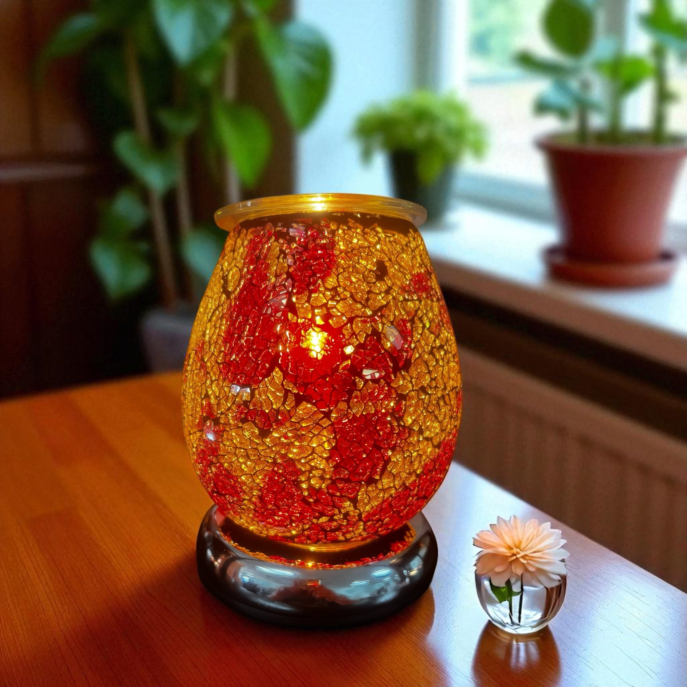 Selected Scent Electric Decorative Warmer with red and gold mosaic glass design on wooden table