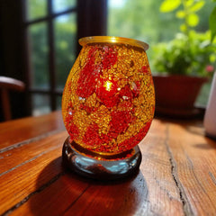Selected Scent Electric Decorative Warmer with red and gold mosaic glass on wooden table