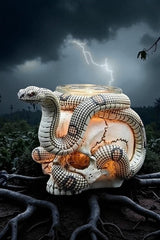 Selected Scent Electric Decorative Warmer shaped like a skull with a snake wrapped around it glowing in dark stormy background