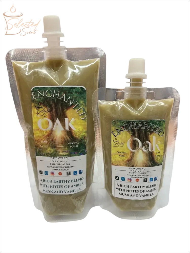 Selected Scent Enchanted Oak squeezable wax melt with amber musk and vanilla scent in two pouch sizes