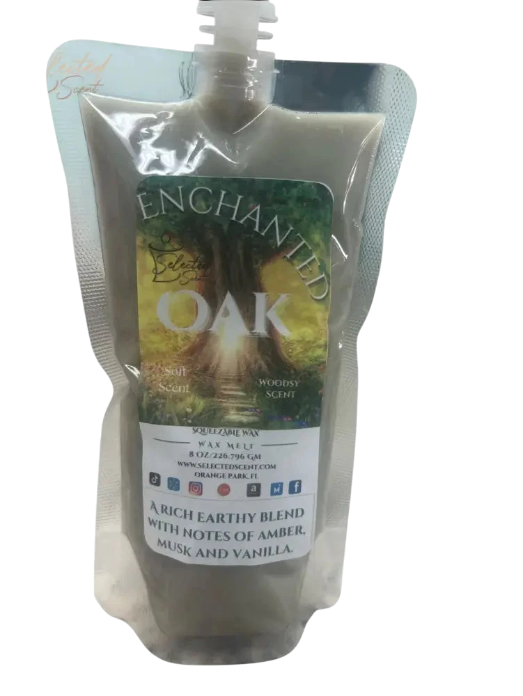 Selected Scent Enchanted Oak squeezable wax melt with earthy amber musk and vanilla scent
