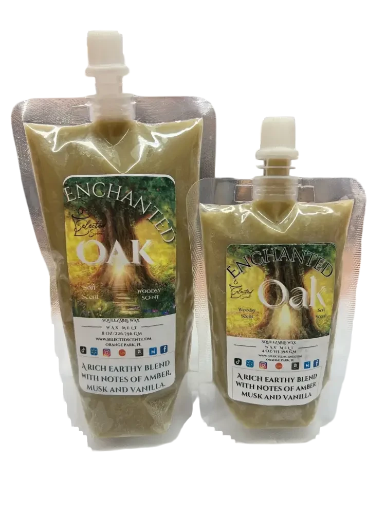 Selected Scent Enchanted Oak squeezable wax melt with amber musk and vanilla scent in two pouch sizes
