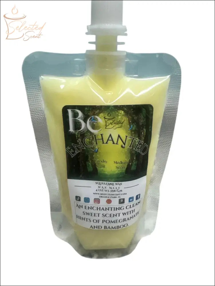 Selected Scent squeezable pomegranate bamboo wax melt in a clear flexible pouch with a white twist cap