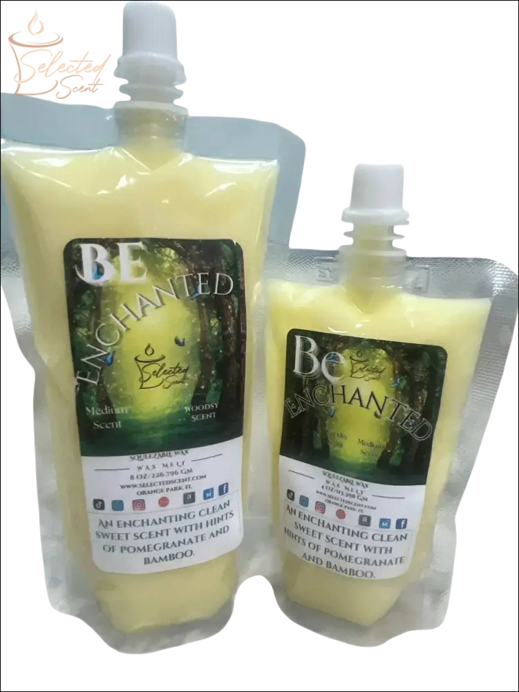 Selected Scent squeezable pomegranate bamboo wax melt in two sizes with medium woody scent