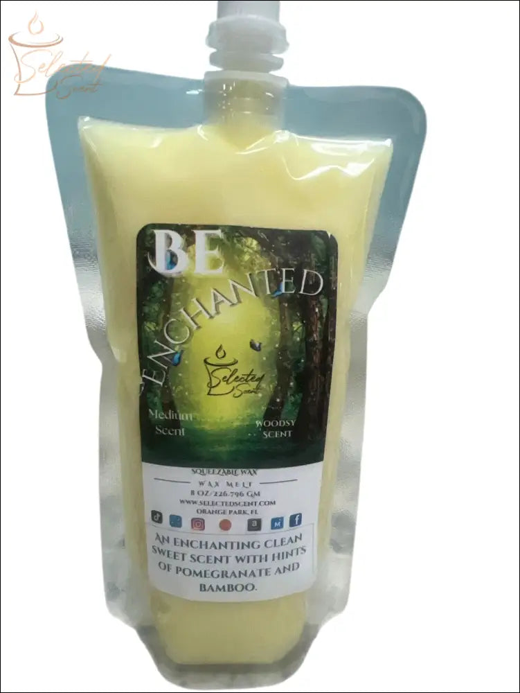 Selected Scent squeezable pomegranate bamboo wax melt in refill pouch with green enchanted forest label