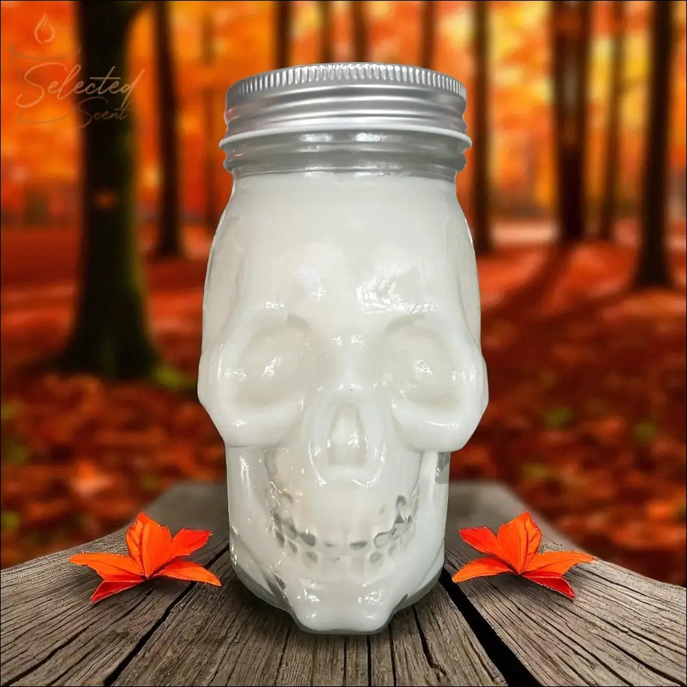Fall Leaves 16 Oz Skull Shaped Glass Mug Candle