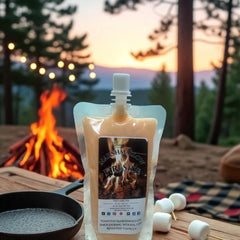 Selected Scent Marshmallow Fireside pouch with marshmallows and firepit in background Fall Seasonal Favorites