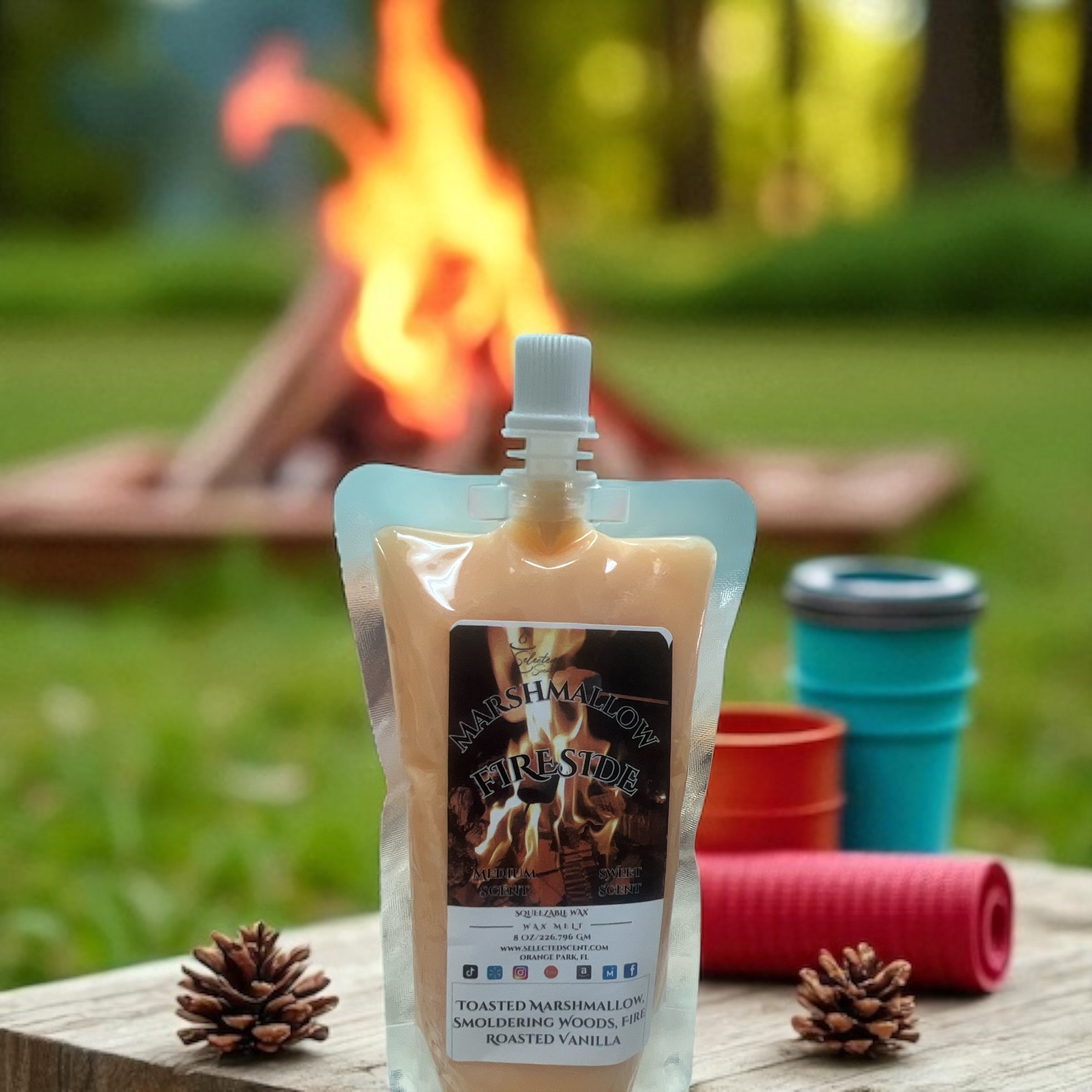 Selected Scent Fire Side scented wax melt pouch with pinecones and outdoor firepit for Fall Seasonal Favorites
