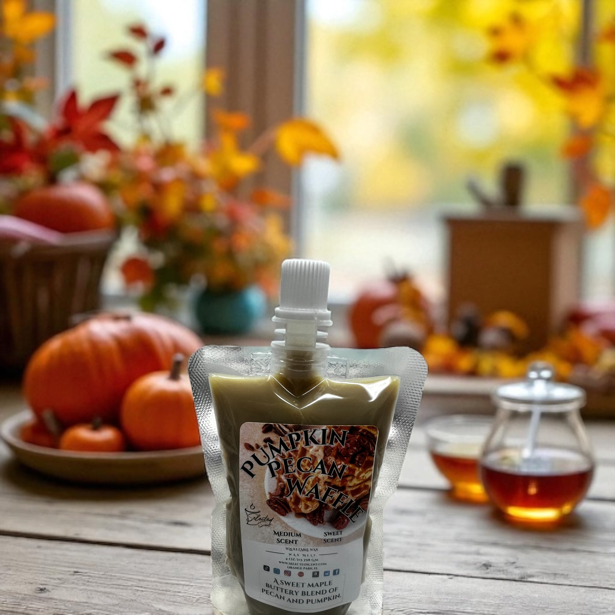 Selected Scent Pumpkin Pecan Waffle fall seasonal favorites scent pouch with autumn pumpkins and honey in background