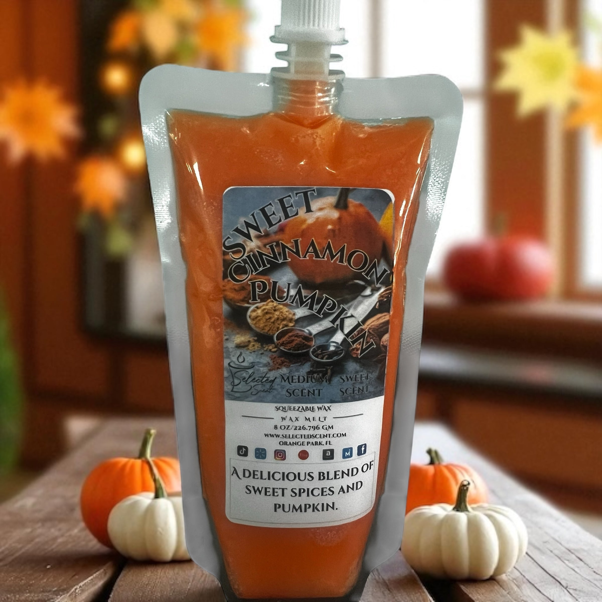 Selected Scent Sweet Cinnamon Pumpkin wax melt pouch with fall pumpkins on wooden table Fall Seasonal Favorites