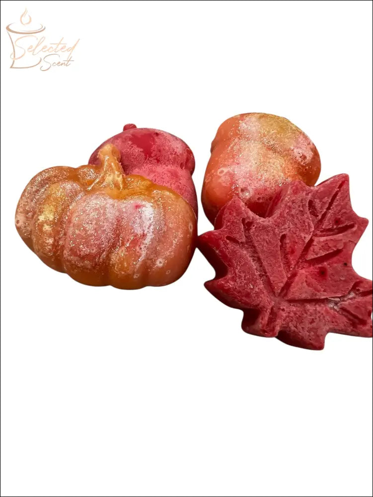 Selected Scent pumpkin and leaves wax melts set showing glittered orange pumpkin shapes and a red maple leaf