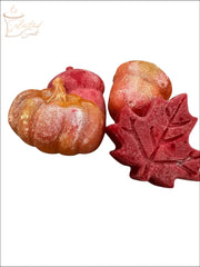 Selected Scent pumpkin and leaves wax melts set showing glittered orange pumpkin shapes and a red maple leaf