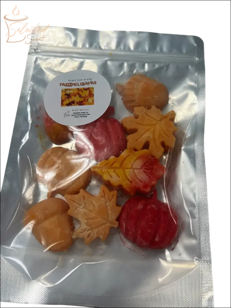 Selected Scent pumpkin and leaves wax melts in resealable pouch with orange red yellow fall shapes