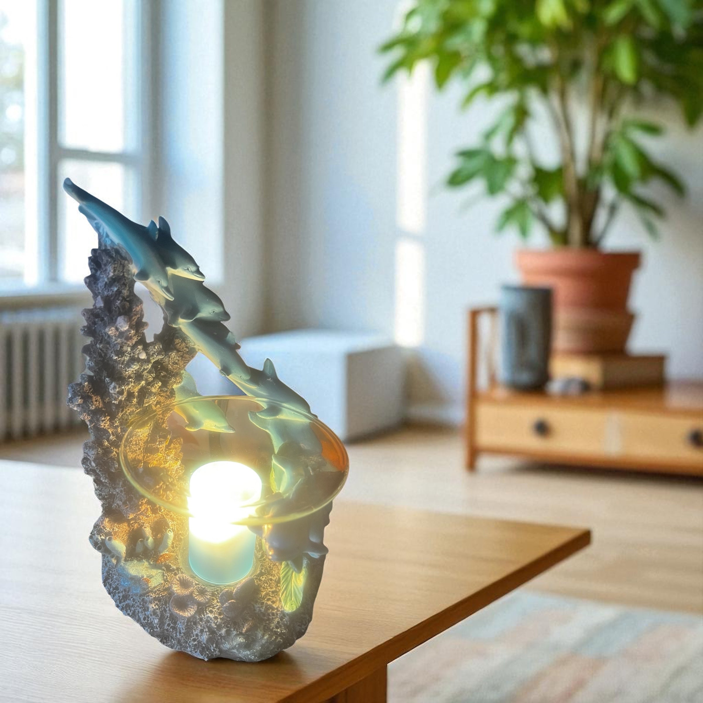Selected Scent family dolphin aromatherapy burner with tealight holder on wooden table in cozy living room